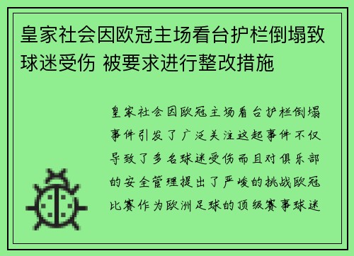 皇家社会因欧冠主场看台护栏倒塌致球迷受伤 被要求进行整改措施